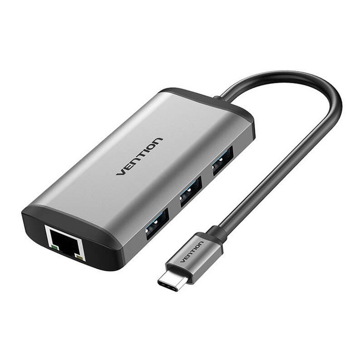 Докинг станция, Vention, USB-C, HDMI, 3xUSB3.0, RJ45, PD, Сив