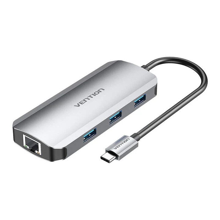 Statie de andocare, Vention, USB-C la HDMI, 3x USB 3.0, RJ45, PD, Gri