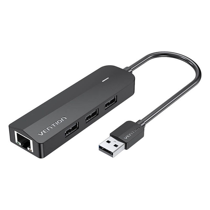 Хъб, Vention, USB 2.0, 3 порта/Ethernet, 100 м, черен