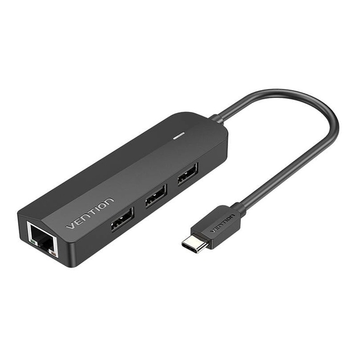 Хъб, Vention, USB-C, 3xUSB 2.0, RJ45, Micro-B, черен