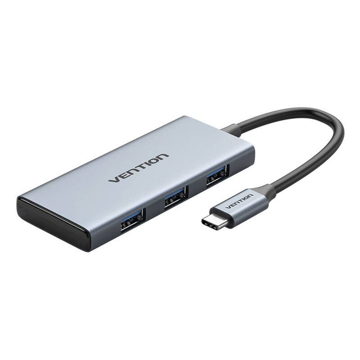 Hub, Vention, USB-C-HDMI, 3xUSB 3.0, SD, szürke