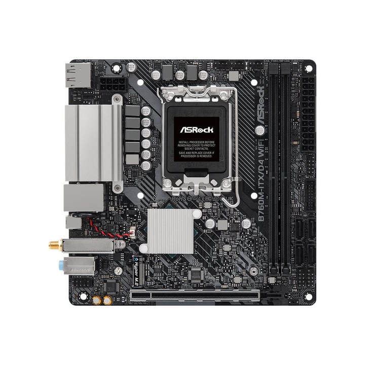 Дънна платка ASRock B760M-ITX/D4 WiFi - Motherboard - mini ITX - LGA1700 Socket - B760 Chipset - USB 3.2 Gen 1, USB-C 3.2 Gen 2x2 - Bluetooth, Gigabit LAN, Wi-Fi - onboard graphics (CPU required) - HD Audio (8-channel) B760M-ITX/D4WIFI