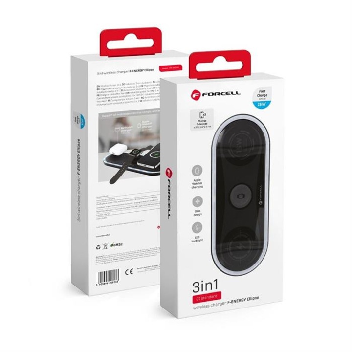 Vezeték nélküli töltőpad, 3in1 (telefon, AirPods, Watch), 15W / 3A, LED fénnyel, fekete, Forcell F-Energy Ellipse