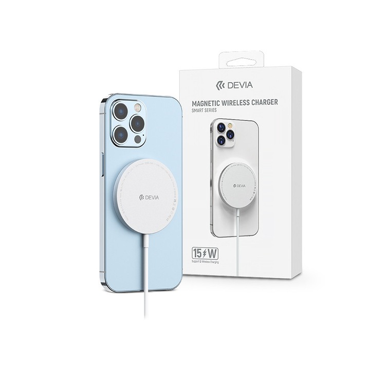 Devia univerzális mágneses vezeték nélküli töltő - 15W - Devia Smart Series Magnetic Wireless Charger - fehér