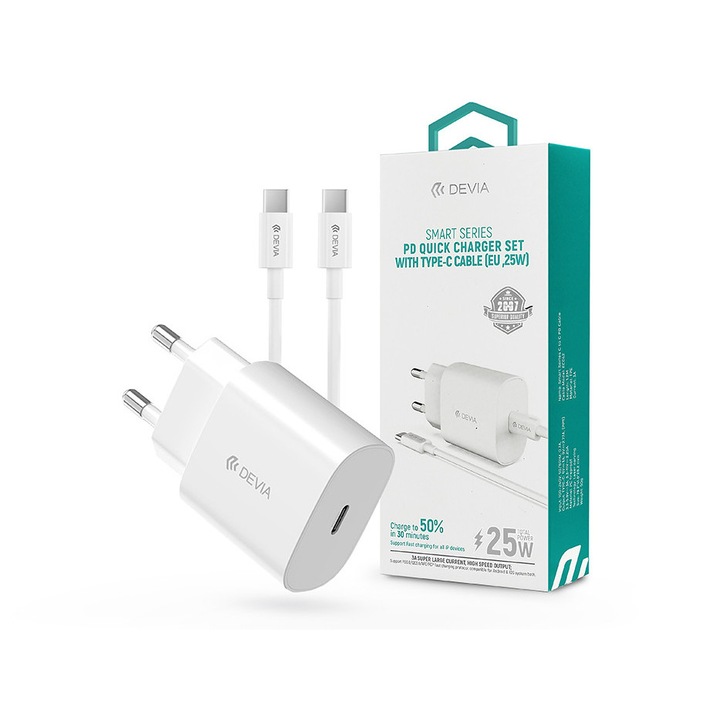 Адаптер за захранване Devia с вход Type-C + Type-C - Type-C кабел за данни - 25W - Devia Smart Series PD Quick Charger Set - бял