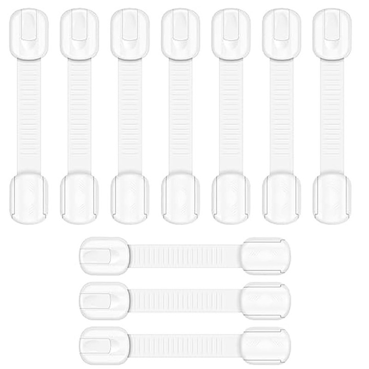 Set 10 bucati, Sigurante usi copii, blocator sertare, usa cuptor, frigider, congelator, ajustabile pe lungime, adeziv puternic, fara urme dupa indepartare, ABS, Alb