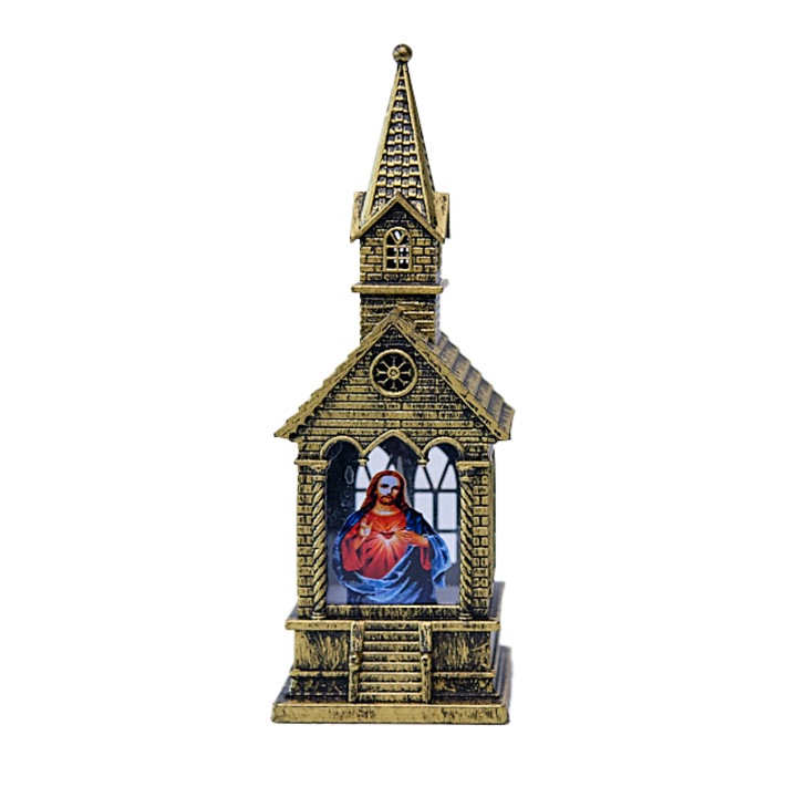 Decoratiune luminoasa in forma de capela cu ilustratie religioasa, Bronz, cu LED, 17cm, Velve