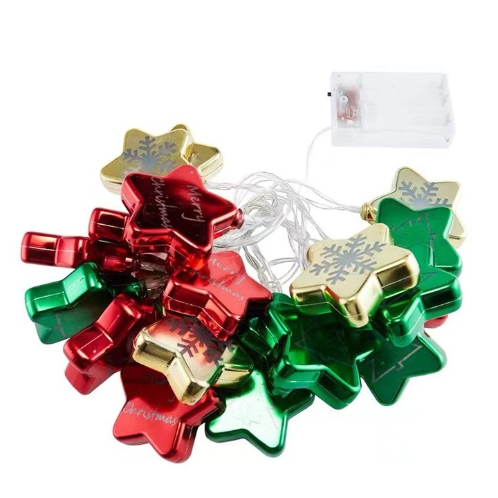 Karácsonyi díszek, LED fényfüzér színes díszekkel, S&Z, 20 izzó, 3m, Többszínű, csillag alakú