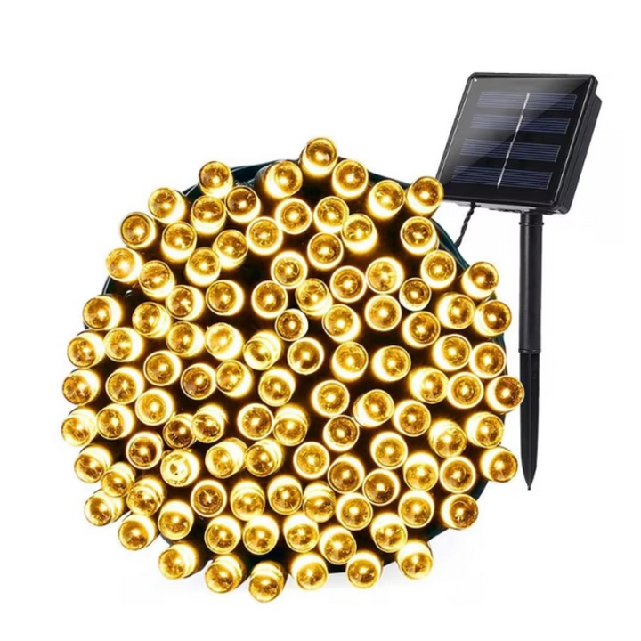 Melegfehér napelem telepítés 320 LED-del, hossza 12 méter, BZRSH, távirányító