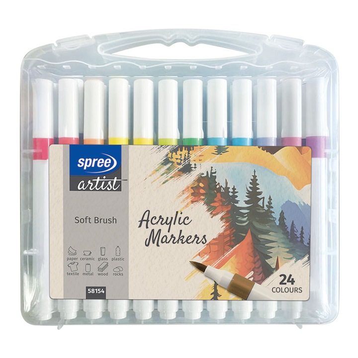 Маркери акрилни, Spree, Art Soft Brush, 24 цвята в PP кутия