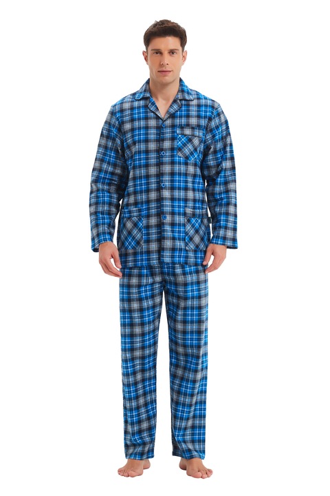 Set Pijama Barbati, Global, Finet, Maneca lunga, Pantalon lung, Carou Bleumarin /Gri, Multicolor