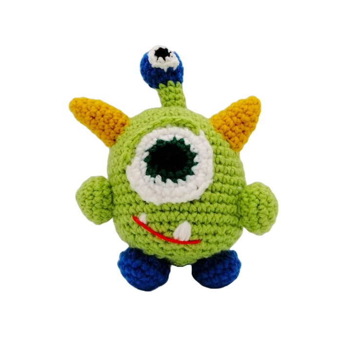 Jucarie crosetata monstru, extraterestru verde cu bila zornaitoare