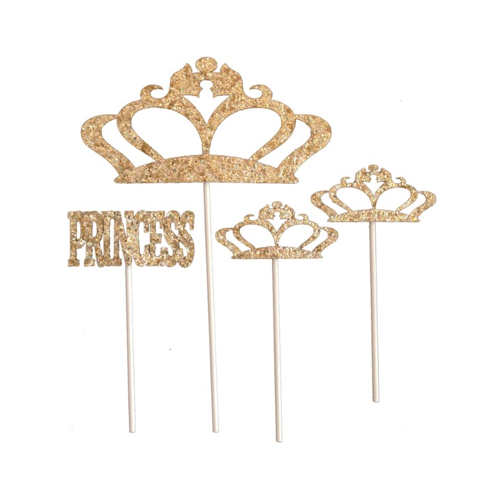 Topper auriu, cu sclipici, coroana, princess