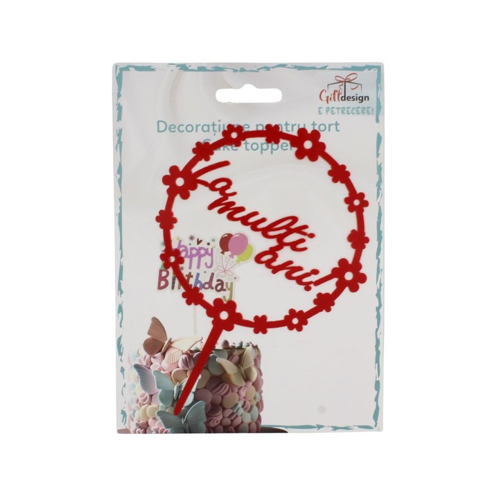 Cake Topper tort cerc rosu cu floricele