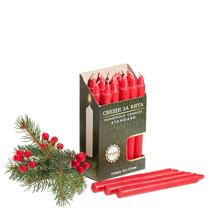 Комплект битови свещи Light Club Стандарт, 18/175 мм, Червени, 18 броя
