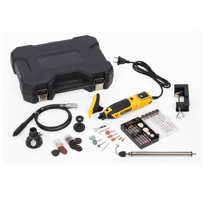 Minipolizor (biax) Powerplus POWX1341, 200W, turatie reglabila electronic, lumina led mandrina 1.6-3.2mm, 126 de accesorii