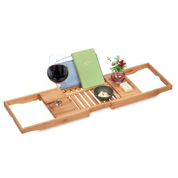 Suport extensibil cada, bambus, 70-105 cm, pentru pahar de vin, carte, sapun si accesorii de baie