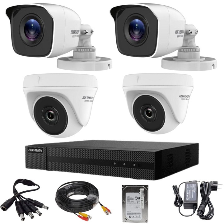 Sistem de supraveghere mixt 4 camere Hikvision seria HiWatch 2MP IR 20m DVR Turbo HD, 4 canale, 2MP cu accesorii HDD 500GB