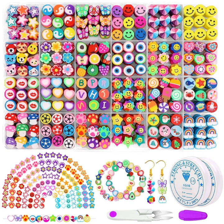 Set complet de margele animate DIY, unelte pentru confectionat bijuterii, suport pentru diferentiat, 480 piese, multicolor