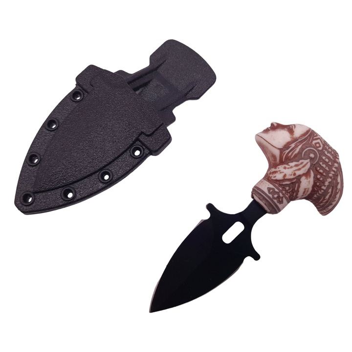 Cutit tactic de vanatoare DEPOX®, Shaman Goddess, 8.5 cm, negru, teaca cu prindere curea