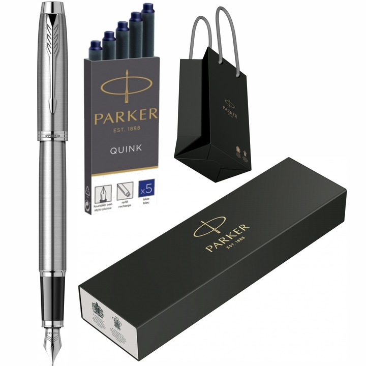 Stilou Parker IM Royal Essential Stainless Steel CT cu gravura, cartuse lungi Parker Quink 5 buc si punga