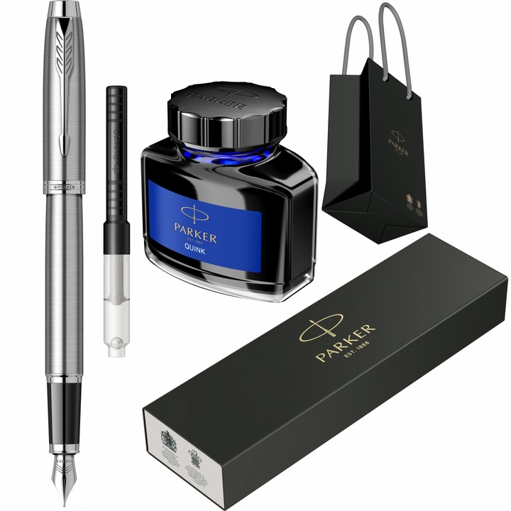 Stilou Parker IM Royal Essential Stainless Steel CT cu gravura, convertor standard, calimara cerneala si punga