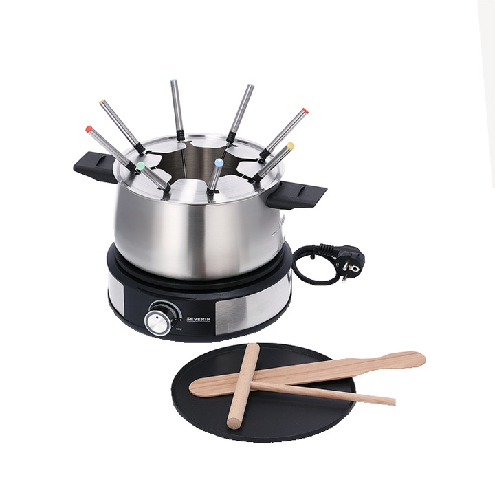 Aparat 2in1 pentru fondue si clatite Severin, capacitate fondue 1.4 litri, temperatura reglabila, vas fondue din otel inoxidabil, plita clatite cu strat antiaderent, 8 furculite fondue si 2 spatule lemn incluse, 1500 W, inox