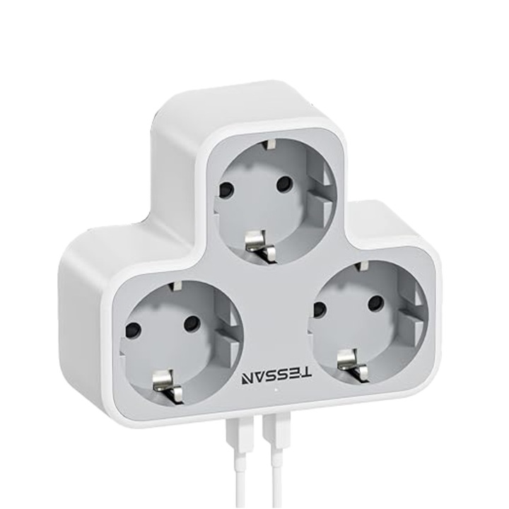 Priza Multipla TESSAN, 3 Prize, 2 Porturi USB, 250 V, Alb