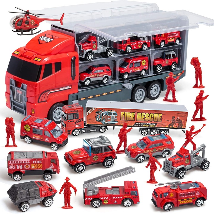 Jucarie Camion de Pompieri 19 in 1 cu Figurine Mici de Pompieri, Simply Joy, masinute tip ambulanta, jeep, masina cu scara, cisterna, elicopter, pentru baieti 3-9 ani, Rosu