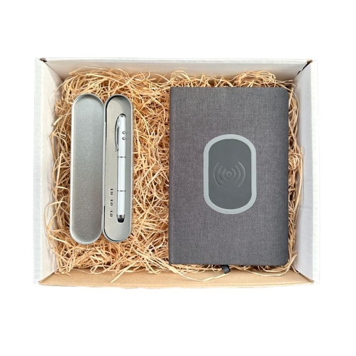 Set GiftBox Smart-Prezi, contine Agenda smart cu incarcator wireless si Pix Laser-pointer pentru prezentari, impachetate in cutie din carton umpluta cu lana de lemn