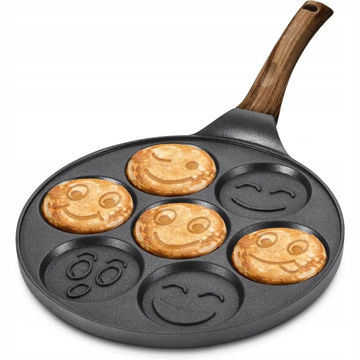 Emoji palacsinta tepsi, Welora®, átmérő 26,5 cm, 7 főzőzóna, tapadásmentes acélból, kerámia bevonat, kompatibilis indukciós, elektromos, kerámia és gáz főzőlappal, Méretek 47 x 0,7 x 0,8 cm, fekete