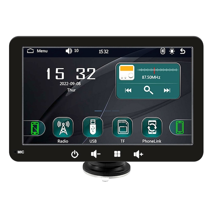 Sistem Multimedia Techstar® Apple Carplay/Android 7093P, Ecran Tactil, 7 Inch 1080P Full HD, Bluetooth, Mirror Link/Card TF/USB/AUX, Negru