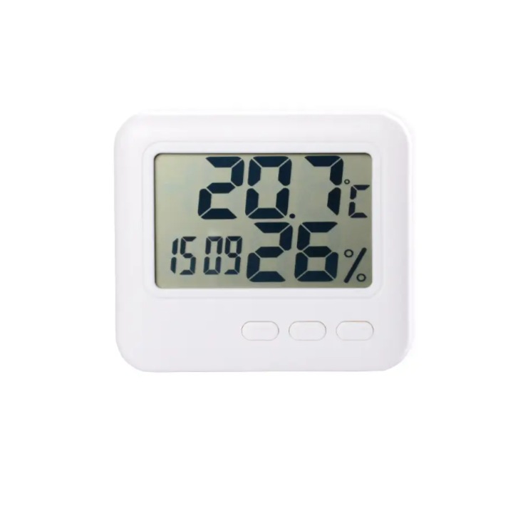 Termometru digital pentru interior, higrometru incorporat si afisaj ora, dimensiuni 8.2x7.2 cm, culoare alba