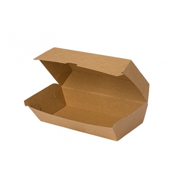 Set 50 cutii biodegradabile hot dog/ecler, capac rabatabil, carton kraft, 21x7x7.5 cm