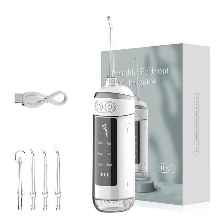 Irigator bucal tip dus bucal, Bolongking, 6 Moduri operare, 4 Varfuri interschimbabile, 1800 pulsatii/m, 40-140PSI, 2000mAh,180ML, Alb