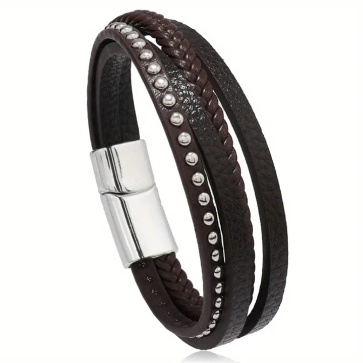 Bratara maro impletita pentru barbati cu nituri in mai multe straturi cu incuietoare magnetica
