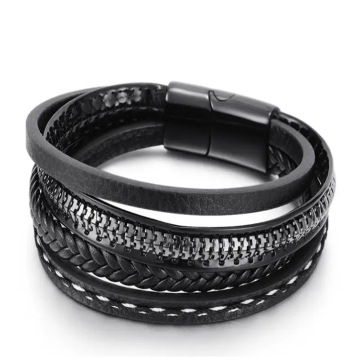 Bratara neagra impletita pentru barbati cu pandantiv tip cruce in mai multe straturi cu incuietoare magnetica