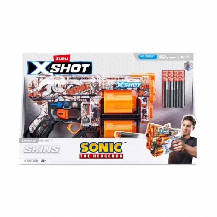 Пистолет за играчки X−Shot Skins Dread, Sonic, Retro, 12 патрона, S1, Zuru