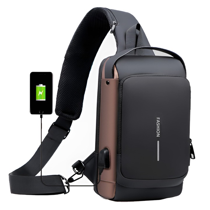 Uniszex válltáska, divatos, poliészter, lopásgátló rendszerrel és USB töltés támogatással, 21x32x9cm, fekete/barna