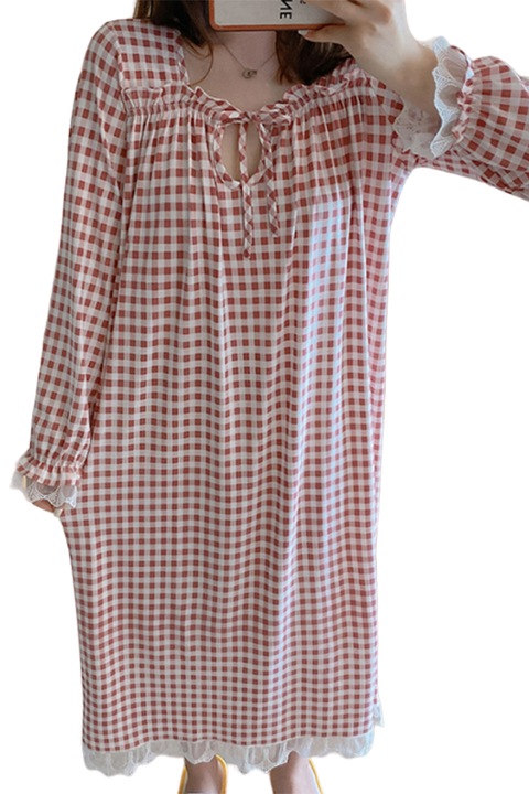 Pijama dama tip camasa de noapte, model cu detalii delicate la maneci, inchidere reglabila la decolteu cu snur, tematica nopti confortabile, EFAYN, Alb/Rosu inchis