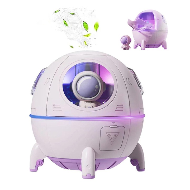 Mini párásító, Ultrahangos, csendes, Hordozható, 2 permetezési mód, Űrtartalom 220 ml, világítással 7 színben, 11,9 x 11 x 11 CM, Lila