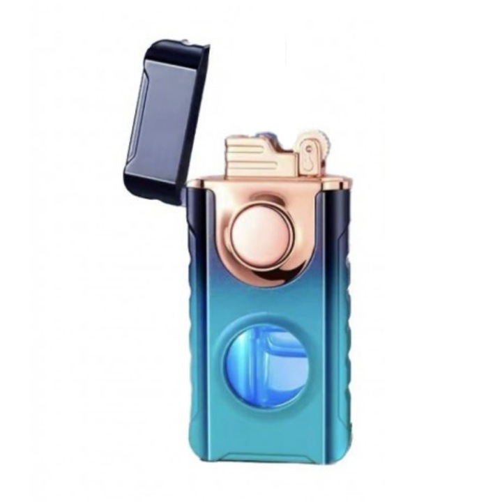 Bricheta metalica, cu flacara duala, rezistenta la vant, cu gaz, culoare negru/albastru