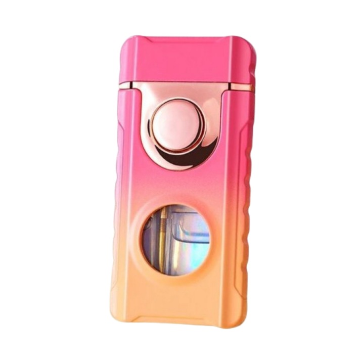 Bricheta metalica, cu flacara duala, rezistenta la vant, cu gaz, culoare roz/galben