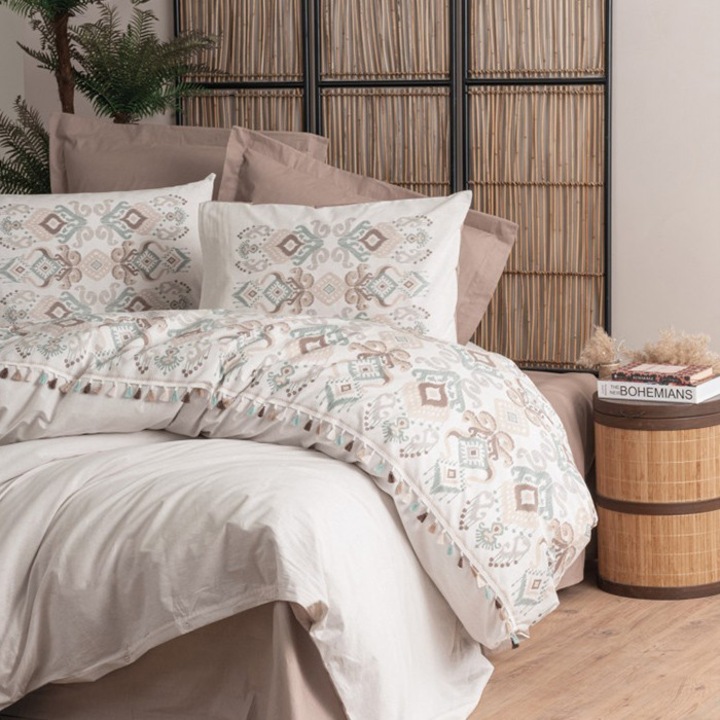 Lenjerie de pat pentru 2 persoane, Cottonbox, Asilo, Maro, Bumbac 100%, 4 piese