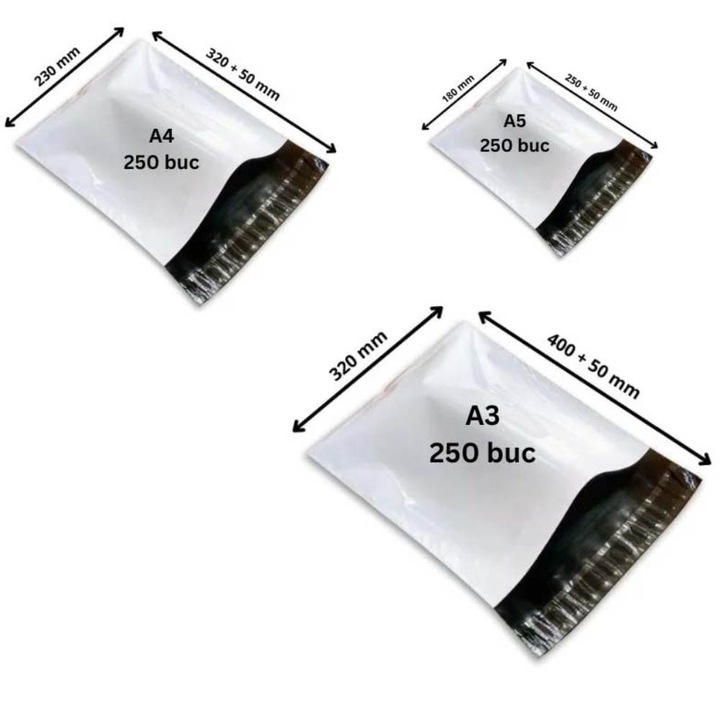 Set 750 Pungi Curierat Profesional, 250 Buc A3 320 x 400, 250 Buc A4 230 x 320, 250 Buc A5 180 x 250, Fara Buzunar AWB, cu o Banda de Sigilare Permanenta