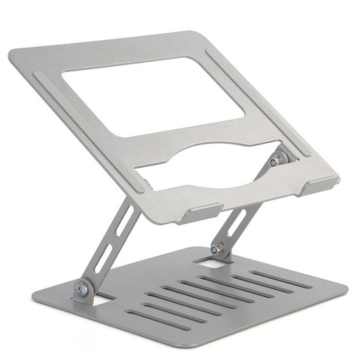 Suport reglabil pentru laptop, ergonomic, pliabil, din aluminiu, compatibil cu laptopuri de pana la 15,6 inci, argintiu BADU