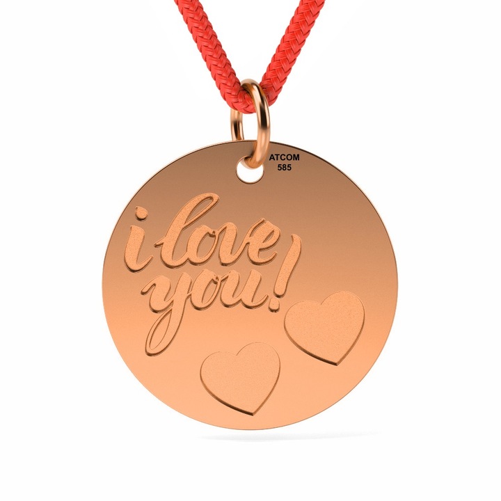 Pandantiv din aur roz cu snur model I love you cu inimioare