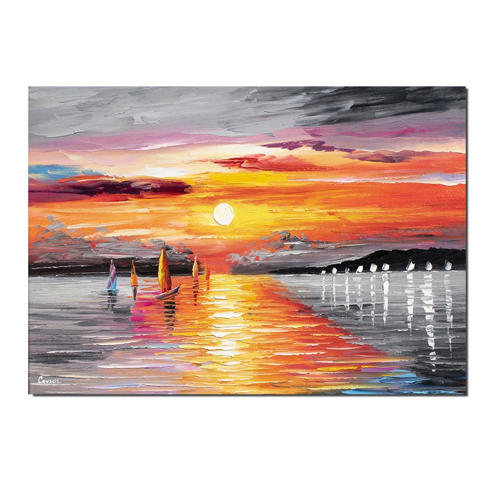 Tablou pictat manual living, hol, birou, dormitor, Magia marii, apus de soare cu veliere, 70x50cm ulei pe panza in cutit efect 3D