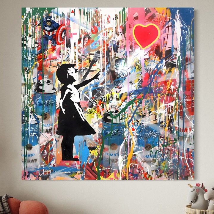 Tablou Canvas Premium, LuxCanva® A1201, Happy Child, 90 X 90 CM, Panza Bumbac 100% 400g/m2, Sasiu Lemn, Decorativ, Dormitor, Multicolor, Inima, Camera Copil, Culori Vibrante