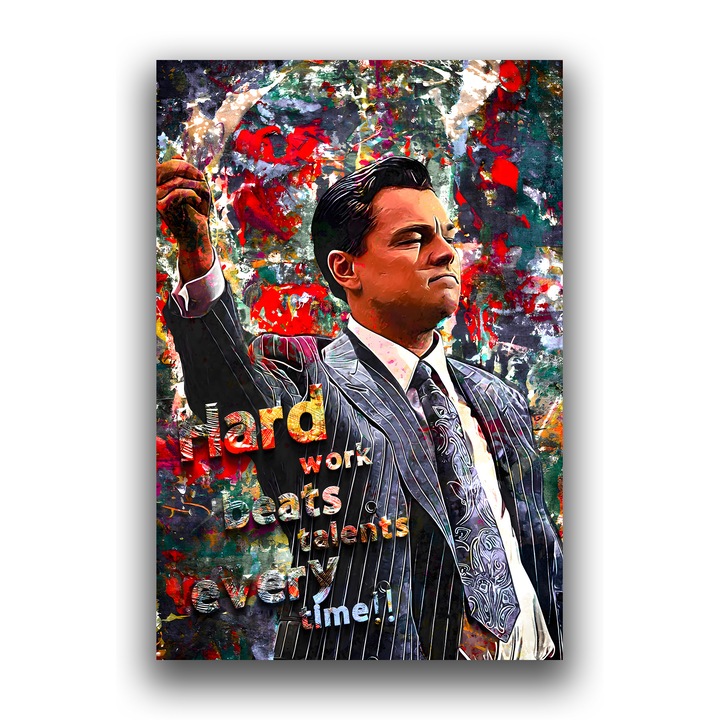 Първокласна картина на платно, LuxCanva® B1055, Вълкът от Уолстрийт, 50 X 70 CM, 100% памучно платно 400 g/m2, дървена рамка, декоративна, всекидневна, филм, стипендия, Оскар, Ди Каприо, мотивираща, живи цветове
